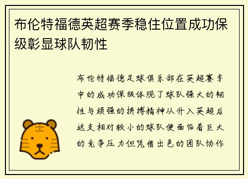 布伦特福德英超赛季稳住位置成功保级彰显球队韧性